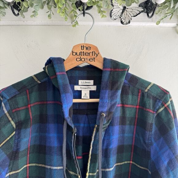 LL Bean Women's Scotch Plaid Flannel Shirt, Relaxed Zip Hoodie PB Medium - Picture 2 of 3